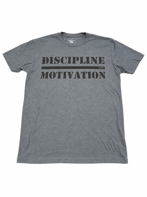 Grey Discipline Over Motivation shirt by Jim Wendler with a black stencil design on the front.