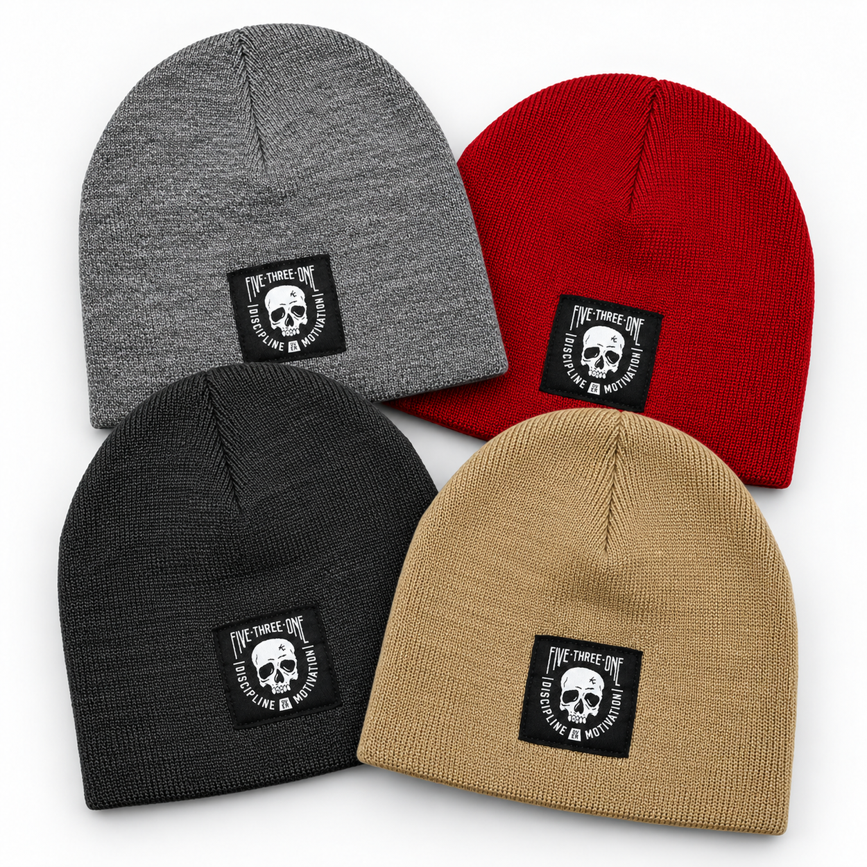 Discipline Over Motivation Skull Beanies in Heathered Gray, Red, Charcoal and Camel