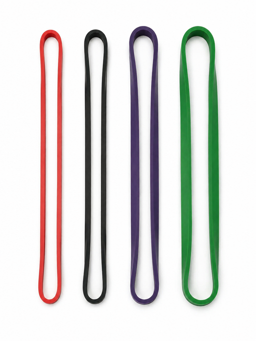 Individual continuous-loop resistance bands in red, black, purple, and green, arranged from lightest to heaviest resistance.