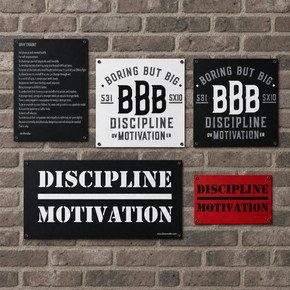 To-scale comparison of Jim Wendler wall signs displayed together on a brick wall.