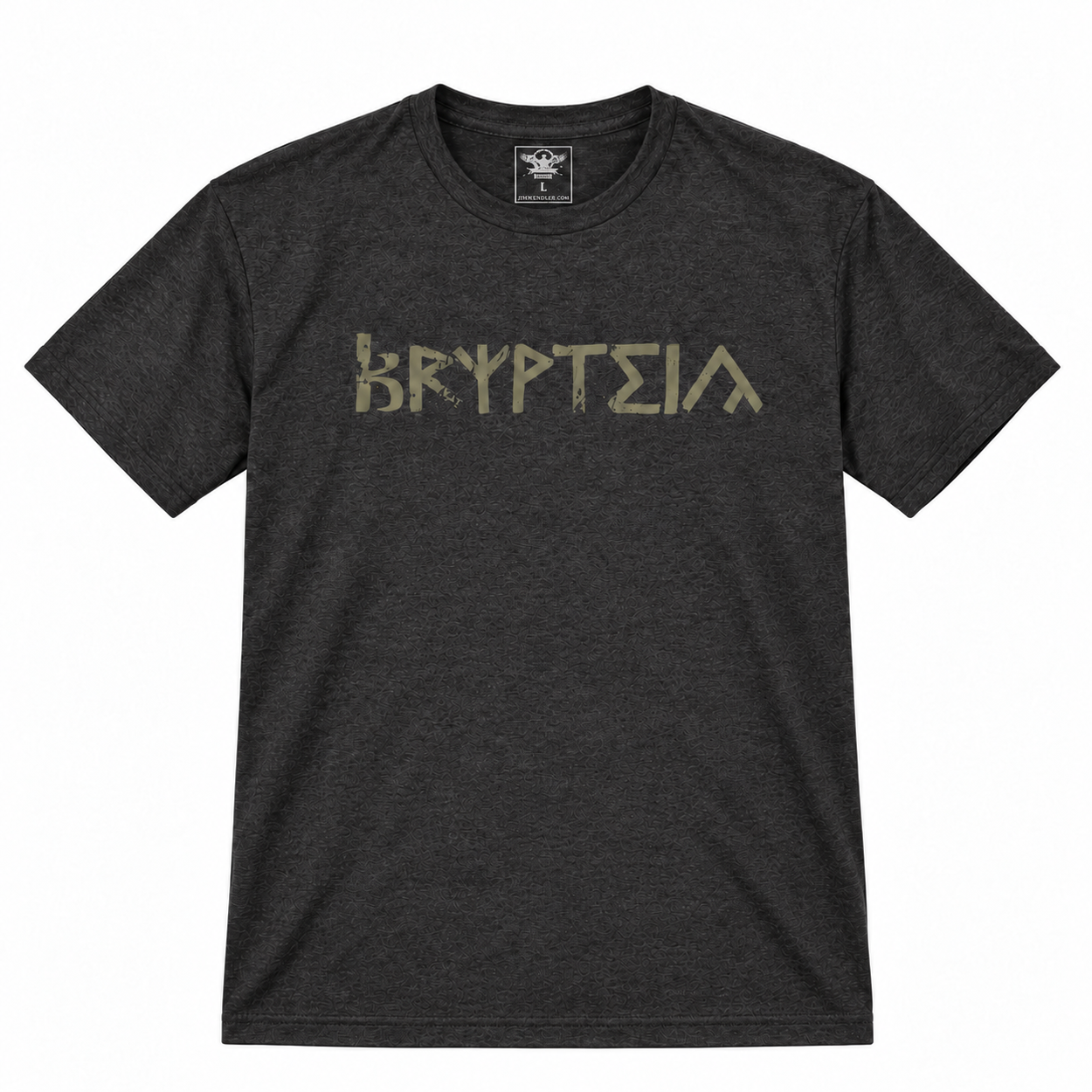 Heather Graphite Krypteia shirt with Army Green front print
