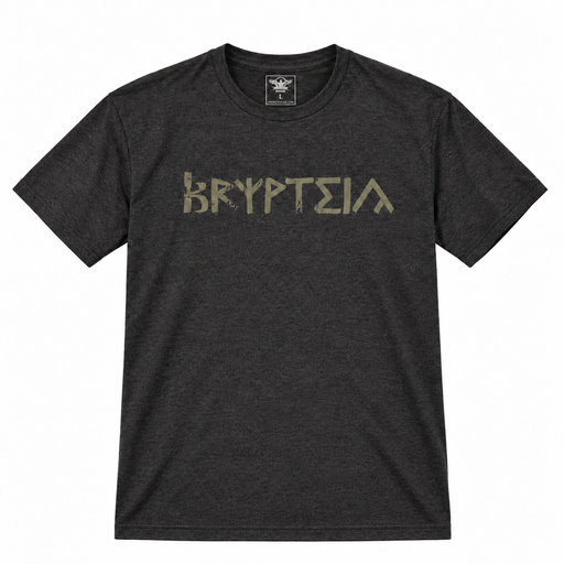 Heather Graphite Krypteia shirt with Army Green front print
