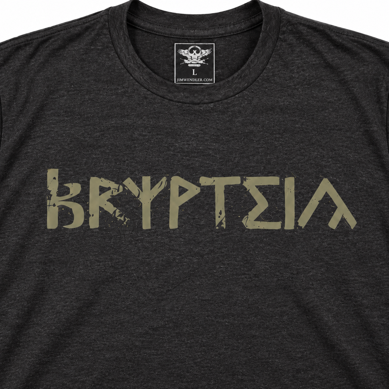 Close-up of the Army Green Krypteia print and tag on a Heather Graphite shirt