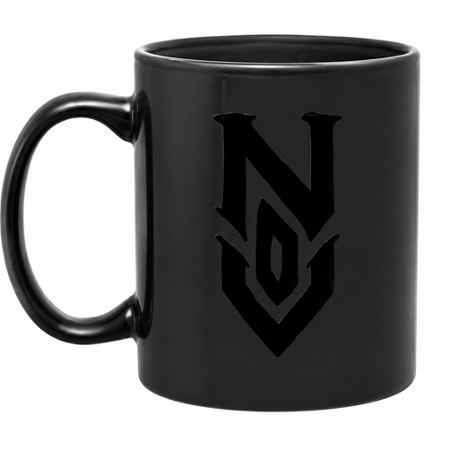 Black 20 oz N.O.V. ceramic mug with a subtle glossy black-on-black emblem and large C-handle.