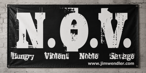 Black N.O.V. gym banner featuring the words Hungry, Violent, Noble, and Savage in a distressed white design.