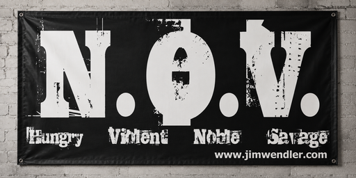 Black N.O.V. gym banner featuring the words Hungry, Violent, Noble, and Savage in a distressed white design.