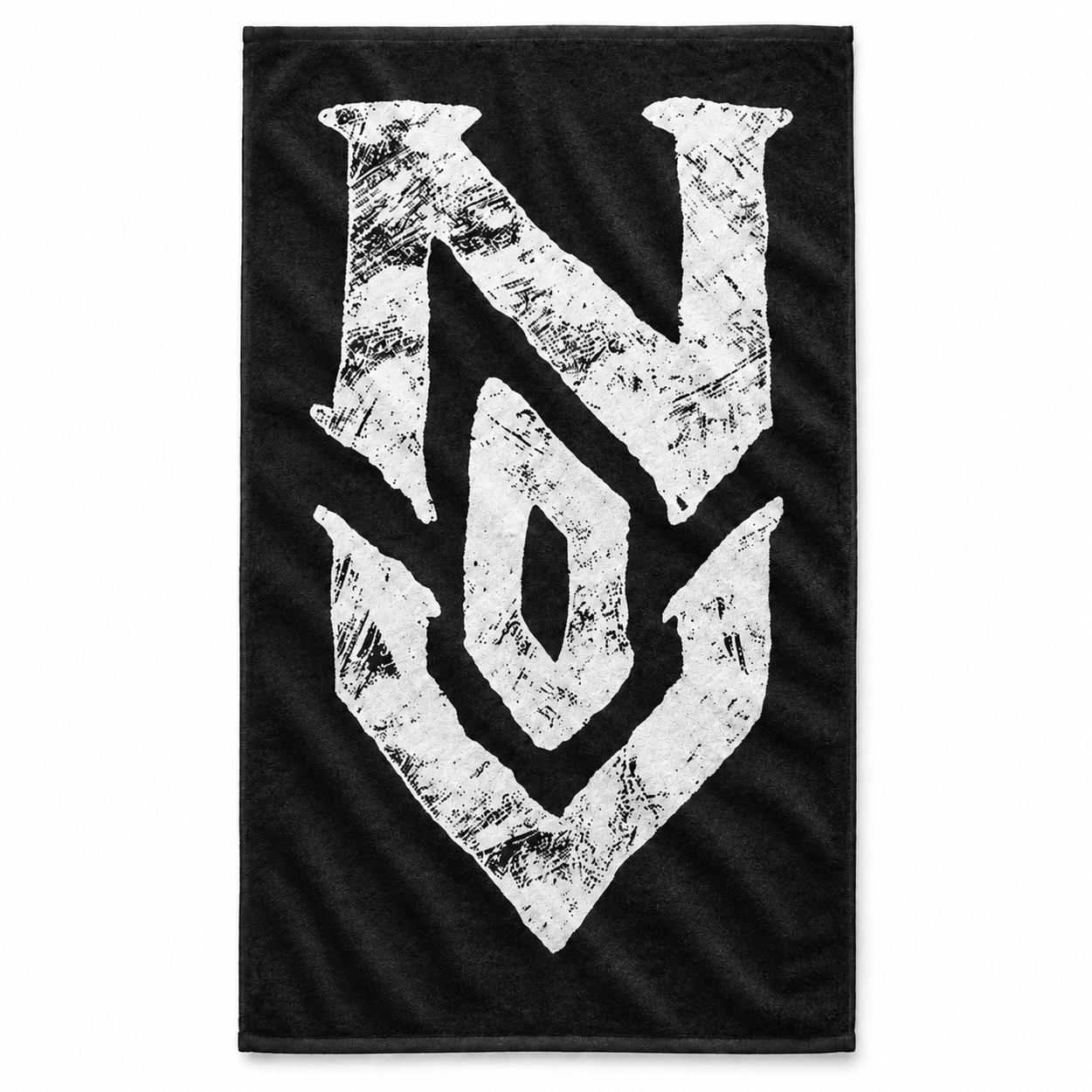Black 15″ × 25″ gym towel with a distressed white N.O.V. graphic and soft microfiber terry texture.
