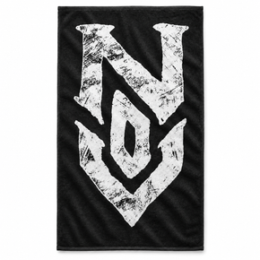 Black 15″ × 25″ gym towel with a distressed white N.O.V. graphic and soft microfiber terry texture.
