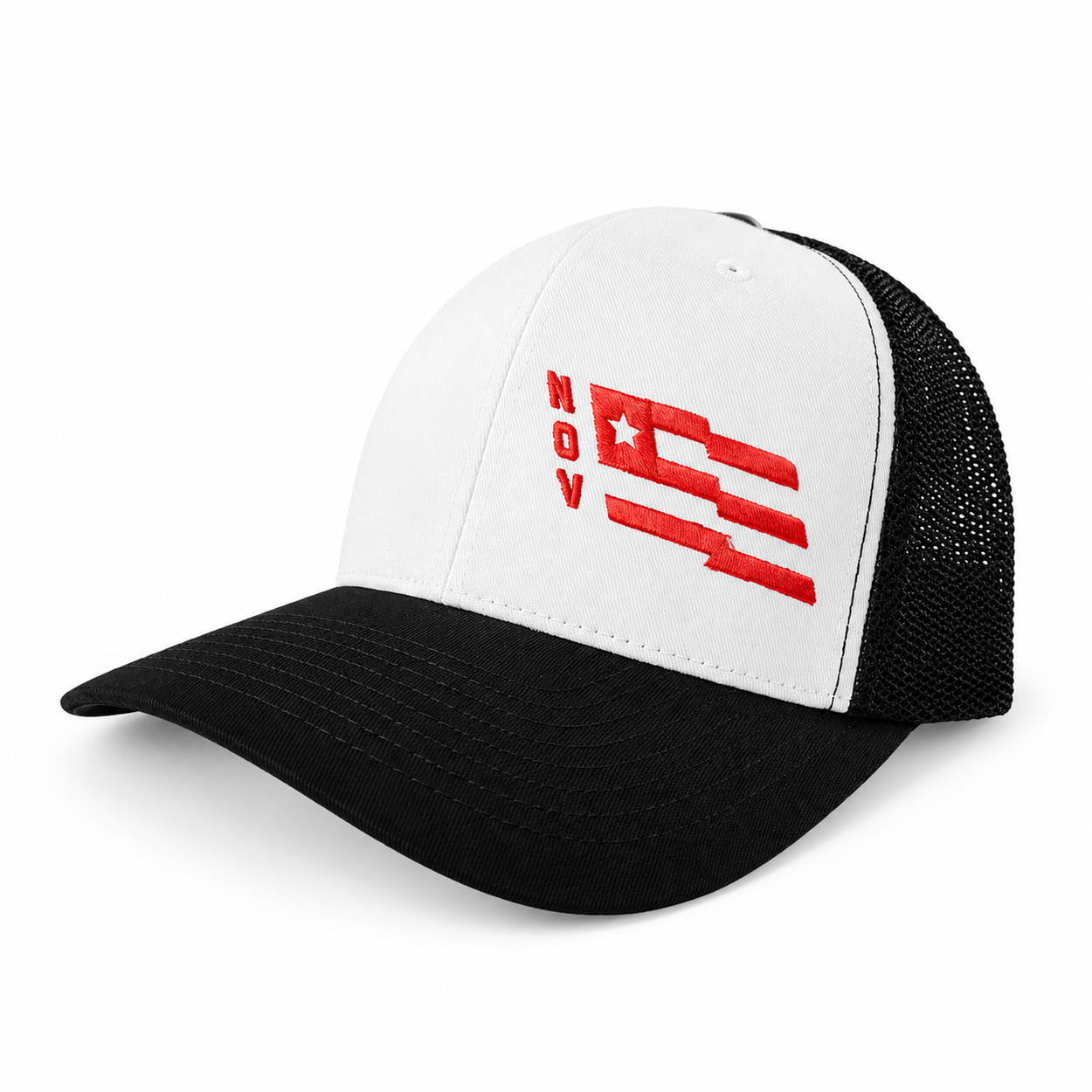 Black and White Trucker Hat with Red N.O.V. Flag Design