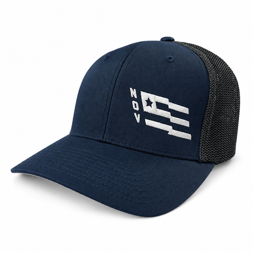 Navy N.O.V. Flexfit trucker hat with white flag embroidery, angled front view