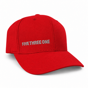 True red Flexfit hat with silver-grey Five Three One embroidery, shown at an angle