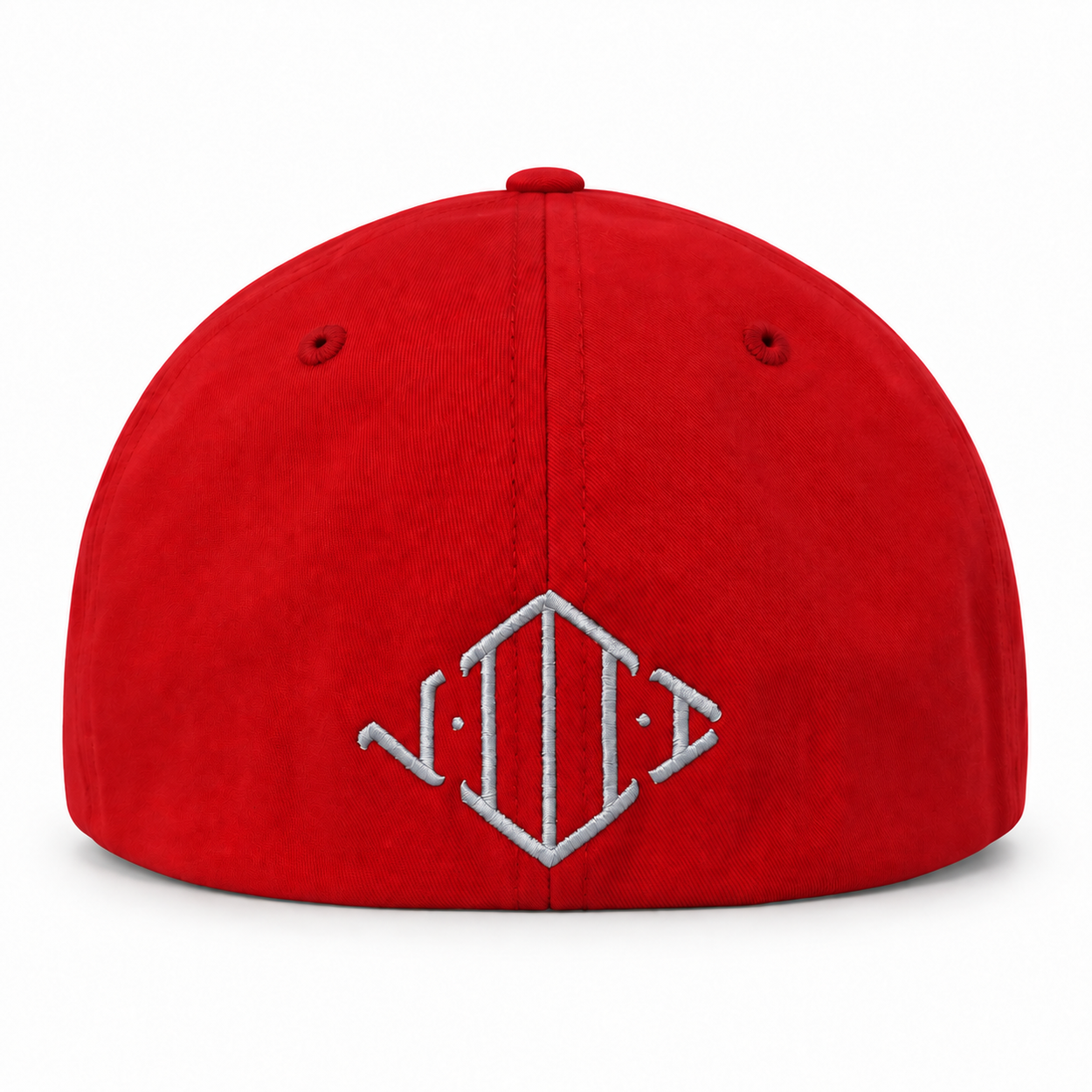 Back view of true red Flexfit hat with silver-grey 5/3/1 Roman numeral embroidery