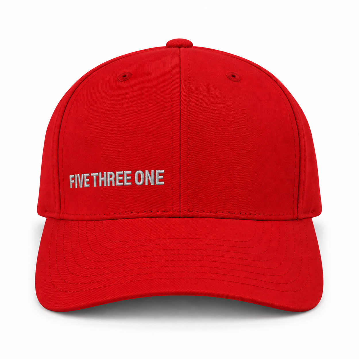 Front view of true red Flexfit hat with silver-grey Five Three One embroidery