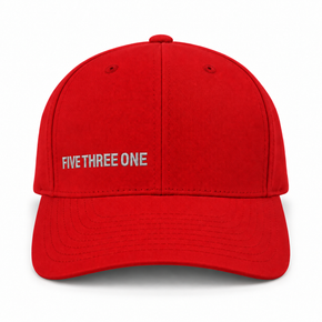 Front view of true red Flexfit hat with silver-grey Five Three One embroidery