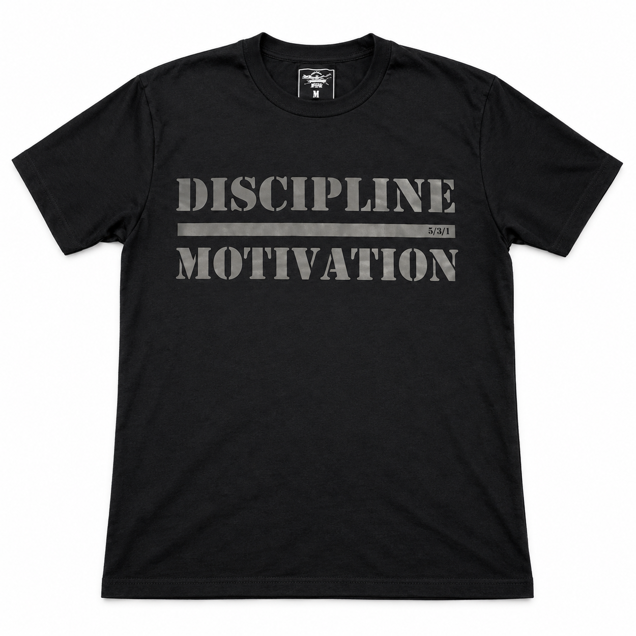 Black Reflect Discipline Shirt with dark grey reflective Discipline Over Motivation front design