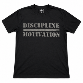Black Reflect Discipline Shirt with dark grey reflective Discipline Over Motivation front design