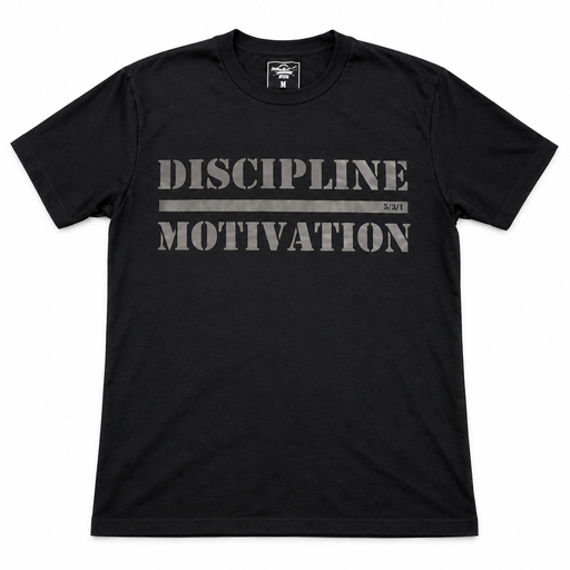 Black Reflect Discipline Shirt with dark grey reflective Discipline Over Motivation front design