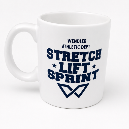 White 20 oz ceramic mug featuring the Wendler Athletic Dept. Stretch Lift Sprint design in black.
