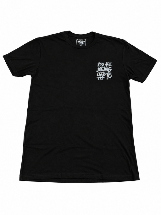 Black You Are Being Lied To shirt by Jim Wendler with a distressed cool-grey left-chest design.