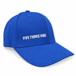 Royal blue Flexfit hat with white Five Three One embroidery, shown at an angle.