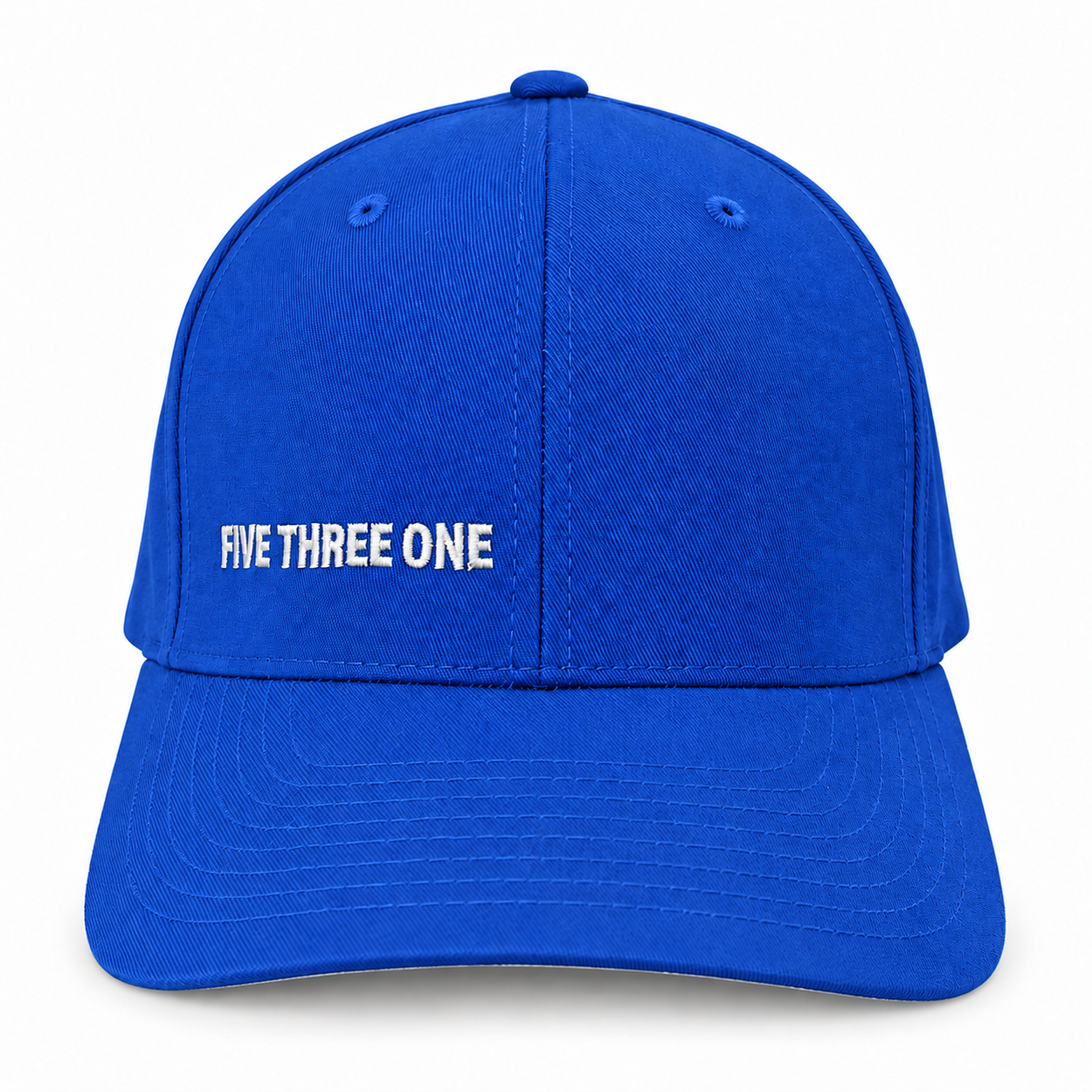 Royal blue Flexfit hat with black 5/3/1 monogram embroidery, angled front view.