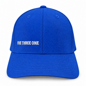 Royal blue Flexfit hat with black 5/3/1 monogram embroidery, angled front view.