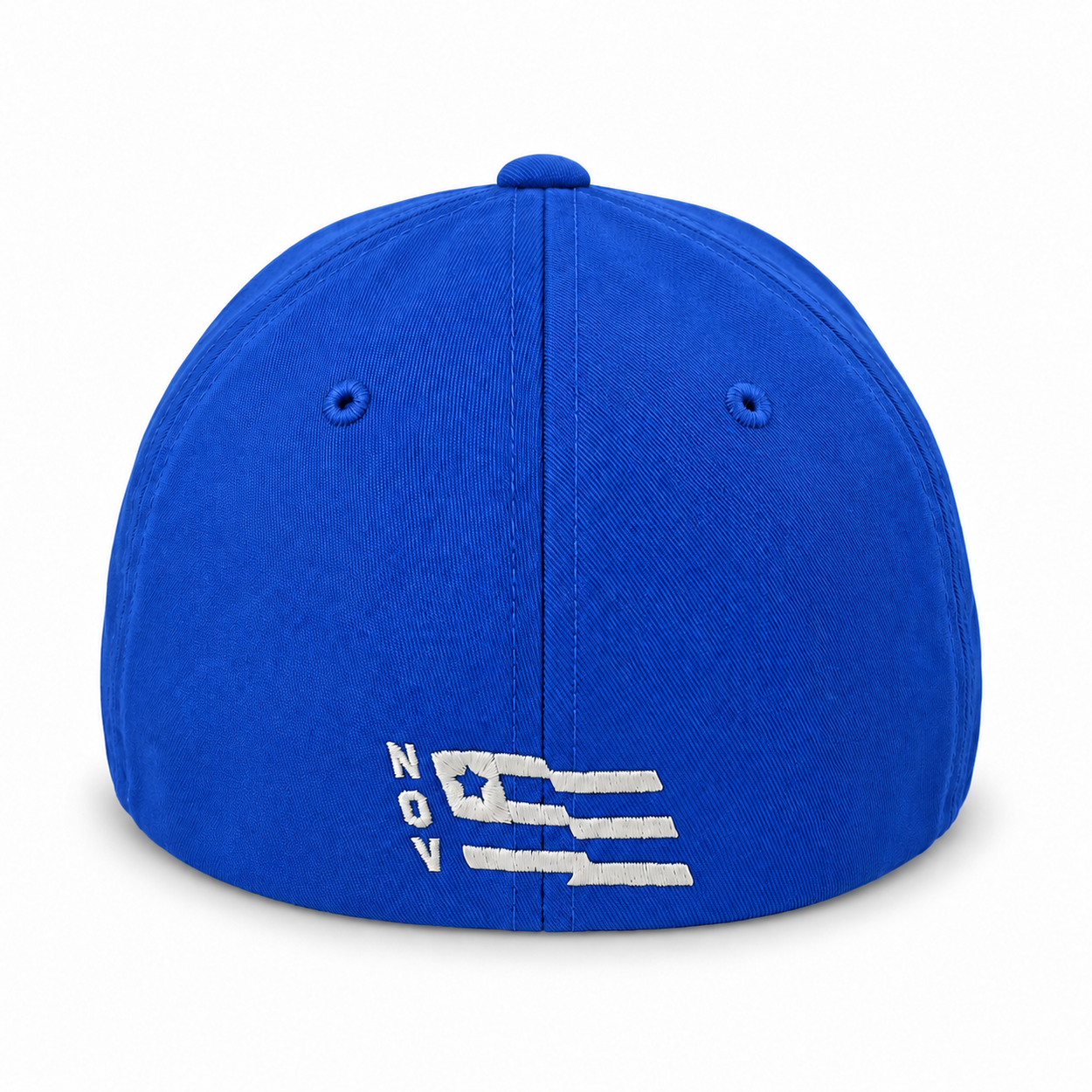 Rear view of royal blue Flexfit hat with white N.O.V. embroidery.