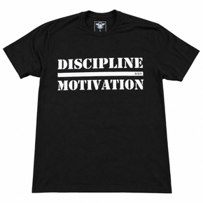 Black Discipline Over Motivation shirt with bold white front print.
