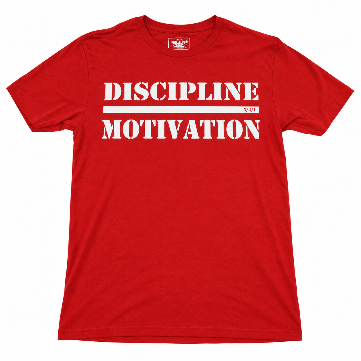 Red Discipline Over Motivation shirt with bold white front print.
discipline-over-motivation-shirt-red-white-detail