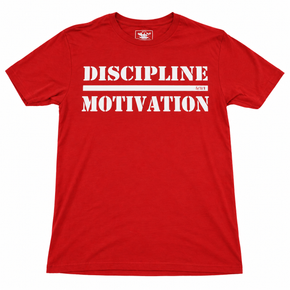 Red Discipline Over Motivation shirt with bold white front print.
discipline-over-motivation-shirt-red-white-detail