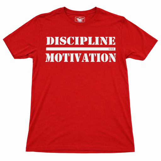 Red Discipline Over Motivation shirt with bold white front print.
discipline-over-motivation-shirt-red-white-detail