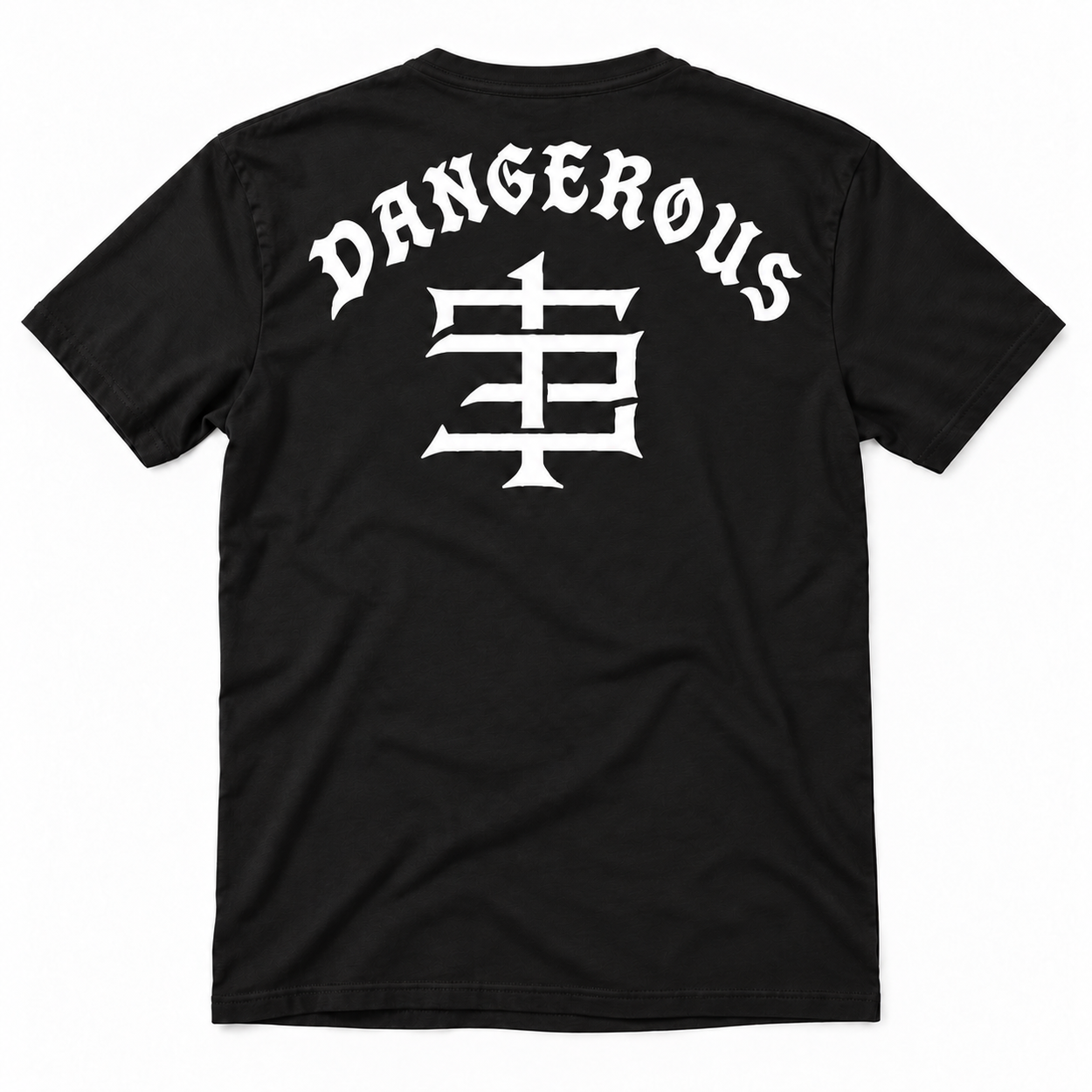 Back of the black Train To Be Dangerous shirt with arched white Dangerous lettering and the emblem below.