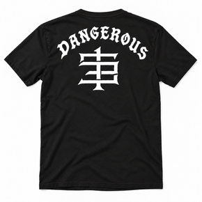 Back of the black Train To Be Dangerous shirt with arched white Dangerous lettering and the emblem below.