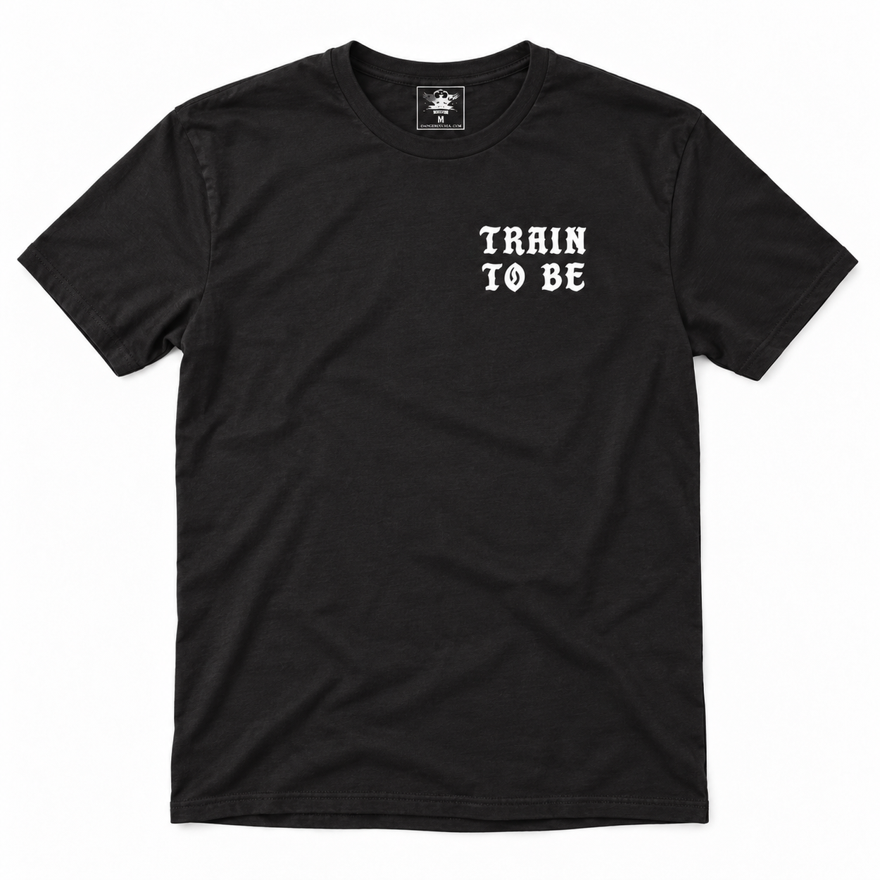 Front of the black Train To Be Dangerous shirt with a small white Train To Be chest print.