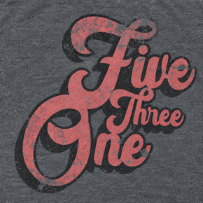 Close-up of the distressed red-and-black Vintage 5/3/1 Script shirt design