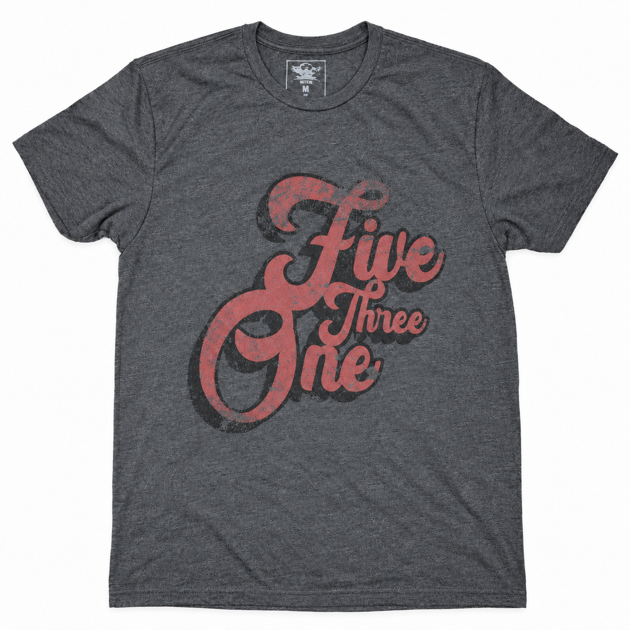 Charcoal Vintage 5/3/1 Script shirt with distressed red-and-black front print