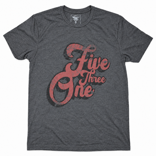 Charcoal Vintage 5/3/1 Script shirt with distressed red-and-black front print