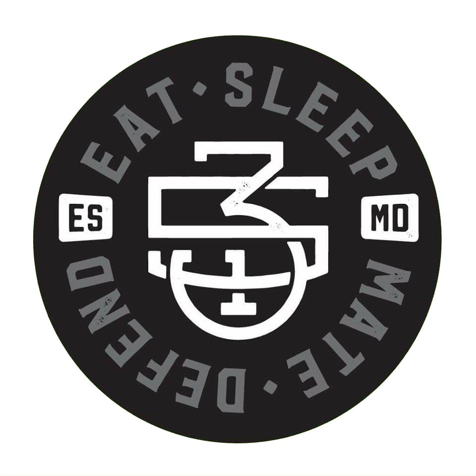 Black E.S.M.D. window decal featuring Jim Wendler’s Eat Sleep Mate Defend design.
