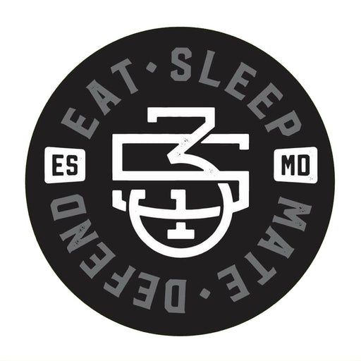 Black E.S.M.D. window decal featuring Jim Wendler’s Eat Sleep Mate Defend design.
